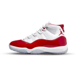 Jordan 11 Retro Cherry (2022), Air Jordan 11 Cherry, red and white Jordans, stylish high tops, Nike Air Jordan, classic basketball shoes, limited edition Jordans, sneaker collection, urban fashion sneakers, Cherry colorway, retro sneaker design, Jordan brand shoes, premium materials, iconic Jordans, comfortable high tops, streetwear style, collector's edition Jordans, shiny patent leather, vibrant colorway.