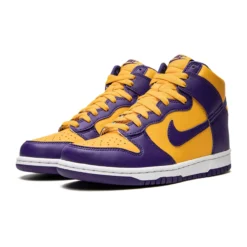 Nike Dunk High Lakers (GS), Nike sneakers, Dunk High, Lakers colorway, purple and gold sneakers, kids' sneakers, streetwear style, high-top sneakers, sneaker culture, urban fashion, limited edition sneakers, iconic footwear, basketball-inspired design, casual style, sneakerhead essentials, vibrant colorway, comfortable high-tops, athletic footwear, fashionable kicks, sneaker collection, fashion accessories, sneaker release.